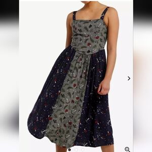 Thorn & Fable Color-Block Mushrooms & Greenery Midi Dress